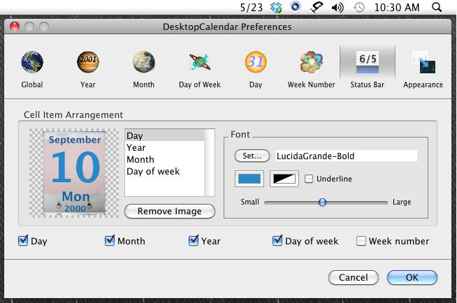 DesktopCalendar 0.9 : Preferences - Status Bar