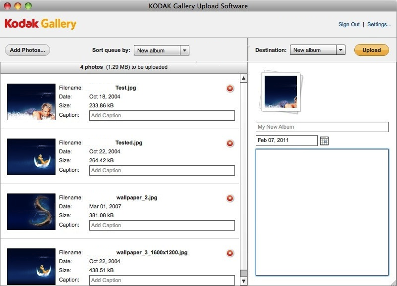 KODAK Gallery Upload Plug-in Software 1.0 : Main Window