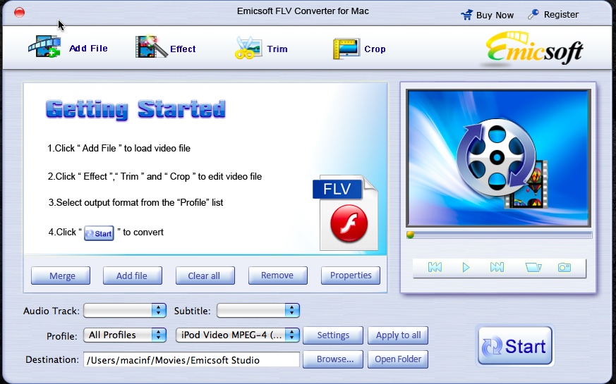 Emicsoft FLV Converter for Mac 3.1 : Main Window