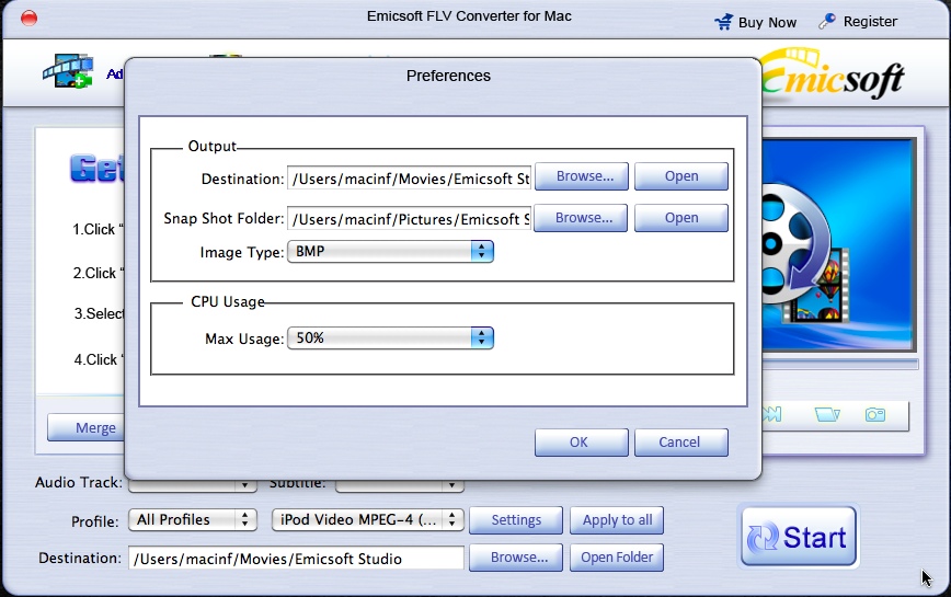 Emicsoft FLV Converter for Mac 3.1 : Settings