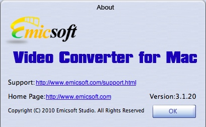 Emicsoft Video Converter for Mac 3.1 : About window