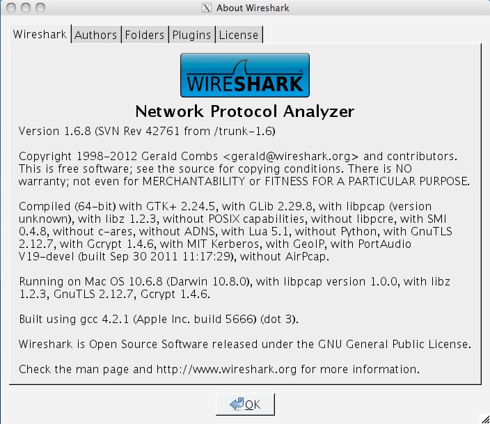 Wireshark 1.6 : About window