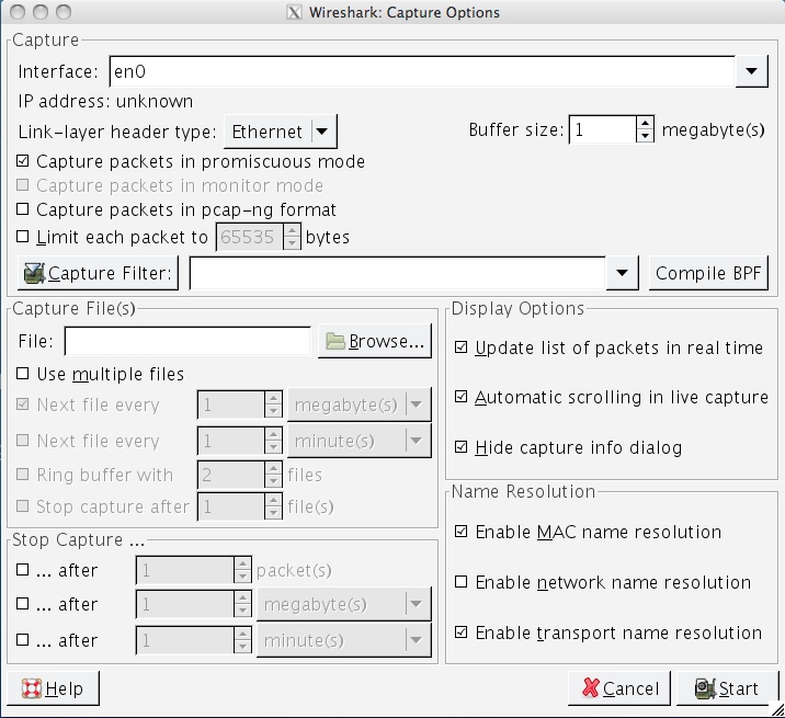 Wireshark 1.6 : Capture options window