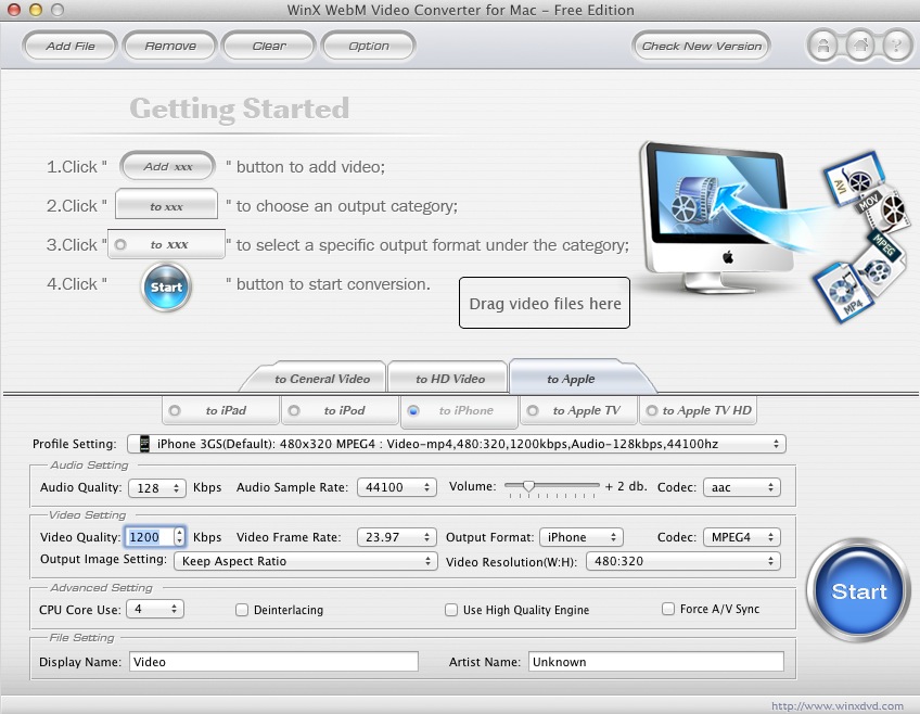WinX WebM Video Converter for Mac - Free Edition 2.8 : Main window