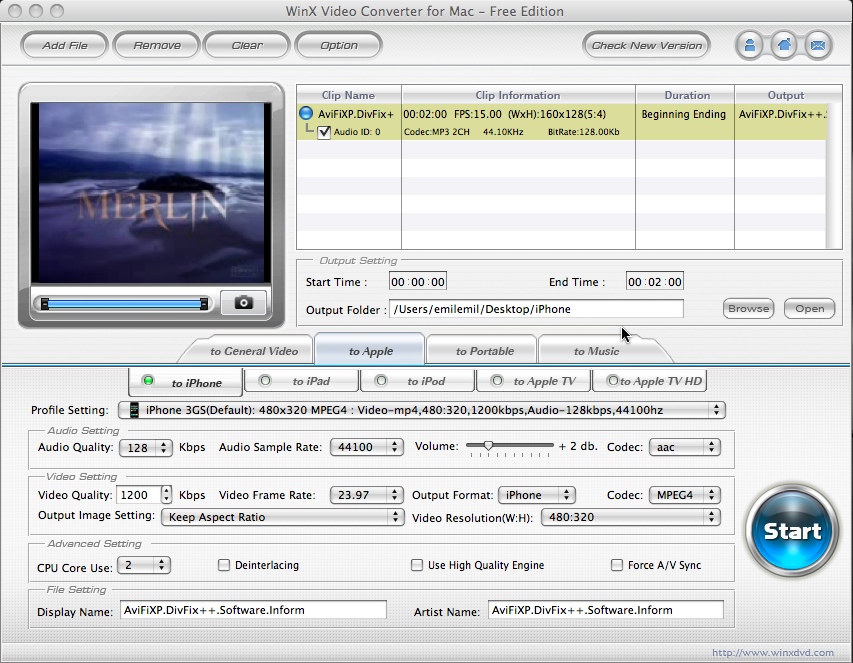 WinX Video Converter for Mac - Free Edition 2.8 : Main window
