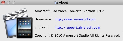 Aimersoft iPad Video Converter 1.9 : About window