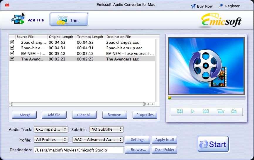 Emicsoft Audio Converter for Mac 3.1 : Main Window