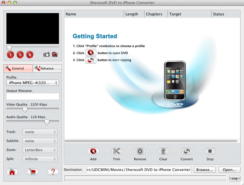 3herosoft DVD to iPhone Converter 3.8 : Main window