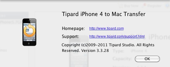 Tipard iPhone 4 to Mac Transfer 3.3 : About window