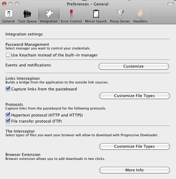 Progressive Downloader 0.7 : Integration settings