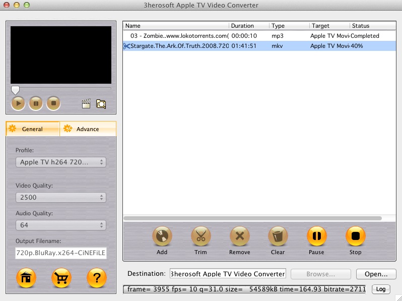 3herosoft Apple TV Video Converter 3.7 : Main window