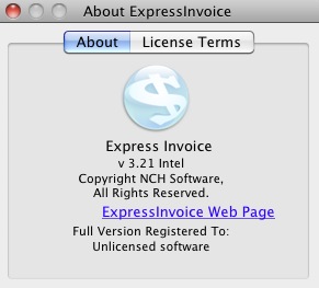 Express Invoice invoicing software 3.2 : About window