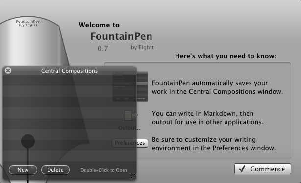 FountainPen 0.7 : Welcome Screen and Central Compositions