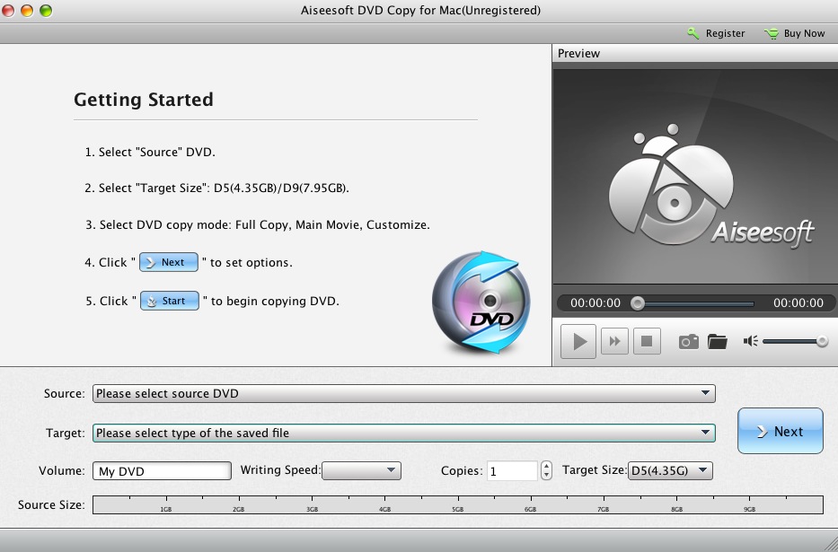 Aiseesoft DVD Copy for Mac 5.0 : Main window