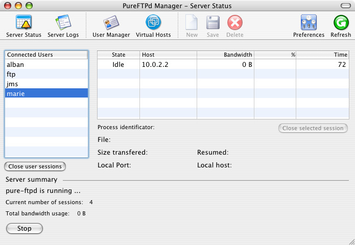 PureFTPd Manager 1.8 : Main window