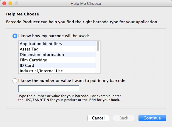 Barcode Producer 6.6 : "Help Me Choose" Window