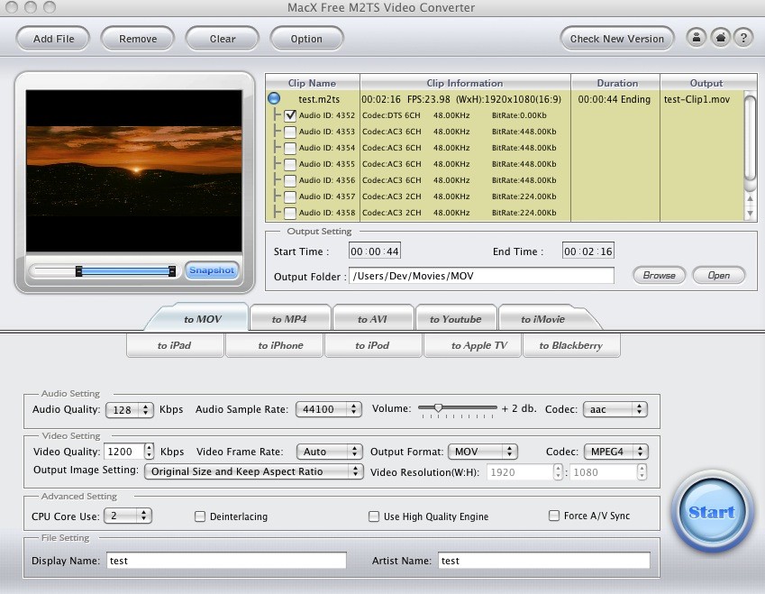 MacX Free M2TS Video Converter 2.5 : Main Window