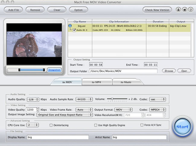 MacX Free MOV Video Converter 2.5 : Main Window