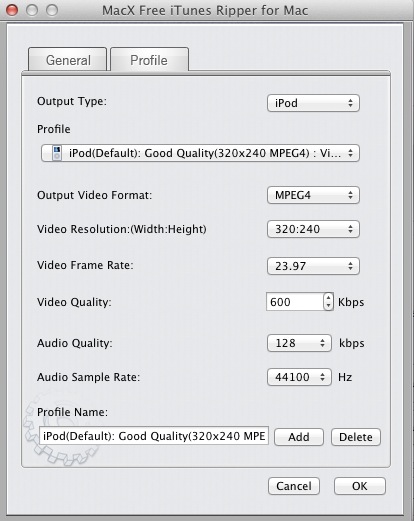 MacX Free iTunes Ripper for Mac 2.0 : Profile options