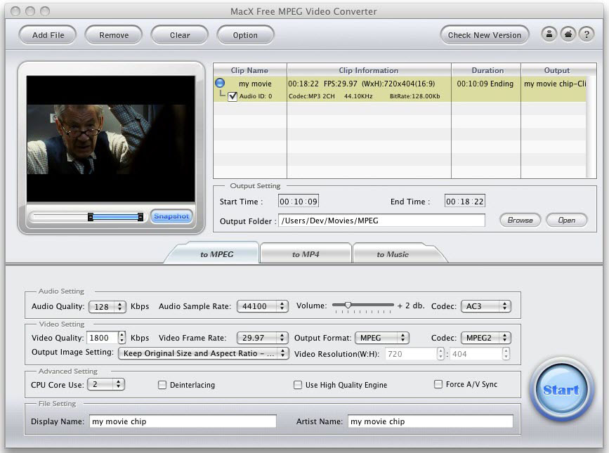 MacX Free MPEG Video Converter 2.5 : Main Window