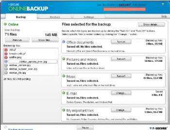 F-Secure Online Backup 1.0 : Main window