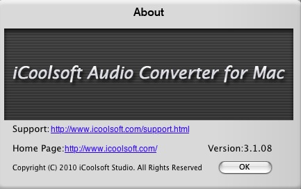 iCoolsoft Audio Converter for Mac 3.1 : About window