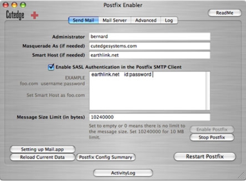 Postfix Enabler 1.2 : Main Window
