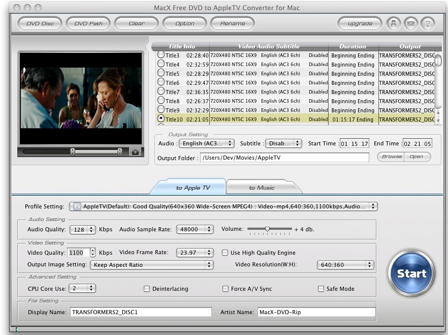 MacX Free DVD to Apple TV Converter Mac 2.0 : Main Window
