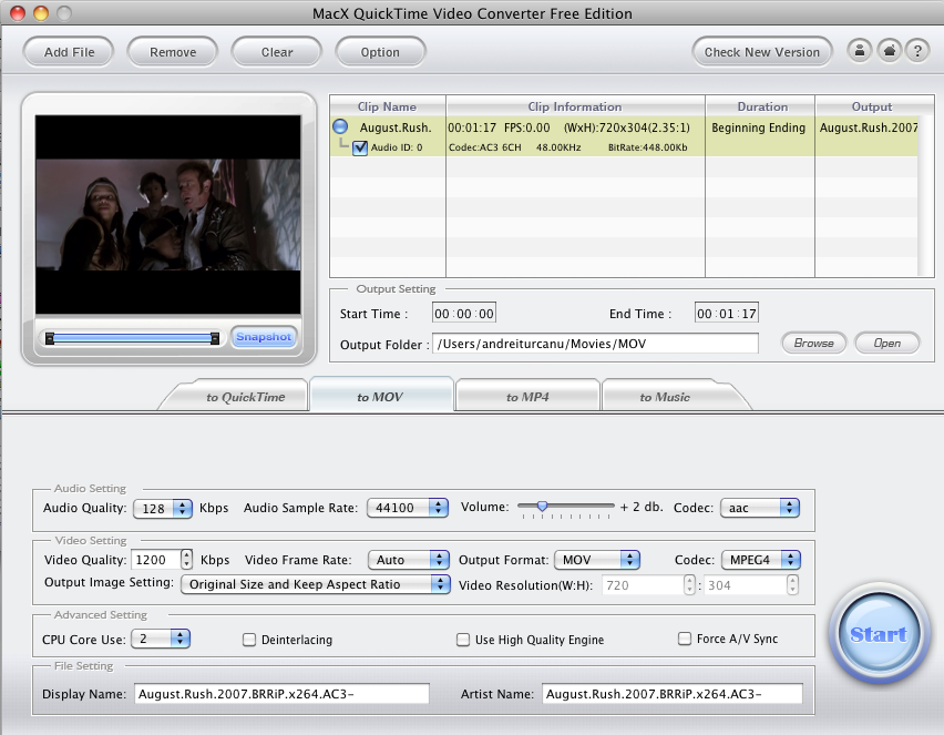 MacX QuickTime Video Converter Free Edition 2.5 : Main View