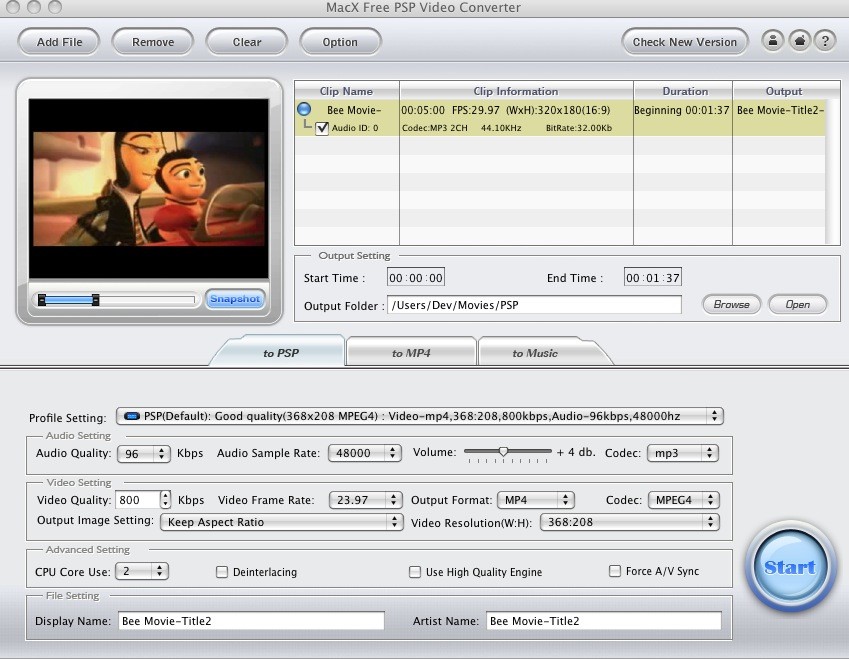 MacX Free PSP Video Converter 2.5 : Main Window
