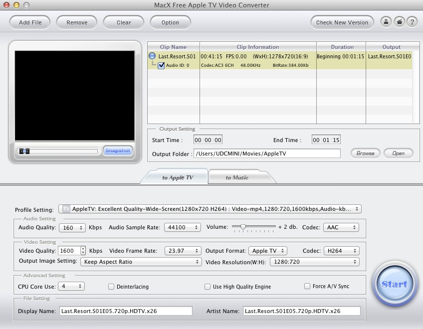 MacX Free Apple TV Video Converter 2.5 : Main window