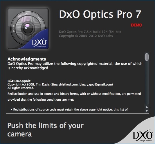 DxO Optics Pro 7.5 : About window