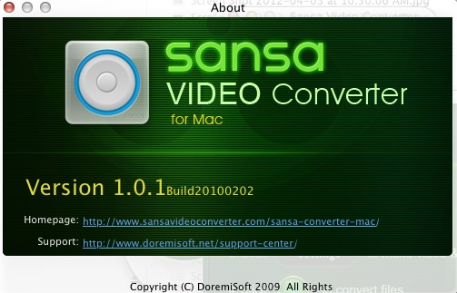 Doremisoft Mac Sansa Video Converter 1.0 : About window