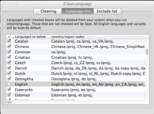 iCleanLanguage 1.4 : Language List