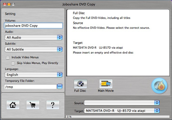 Joboshare DVD Copy for Mac 2.6 : Main Window