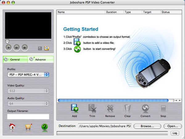 Joboshare PSP Video Converter for Mac 2.5 : Main Window