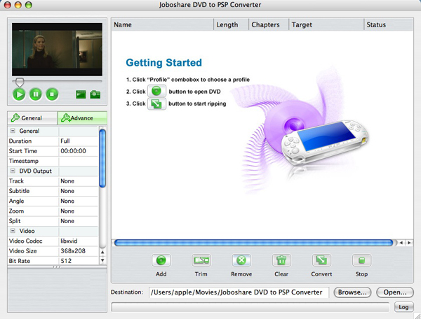 Joboshare DVD to PSP Converter for Mac 2.5 : Main Window