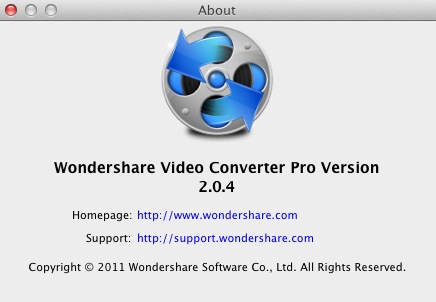 Wondershare Video Converter Pro for Mac 2.0 : About window