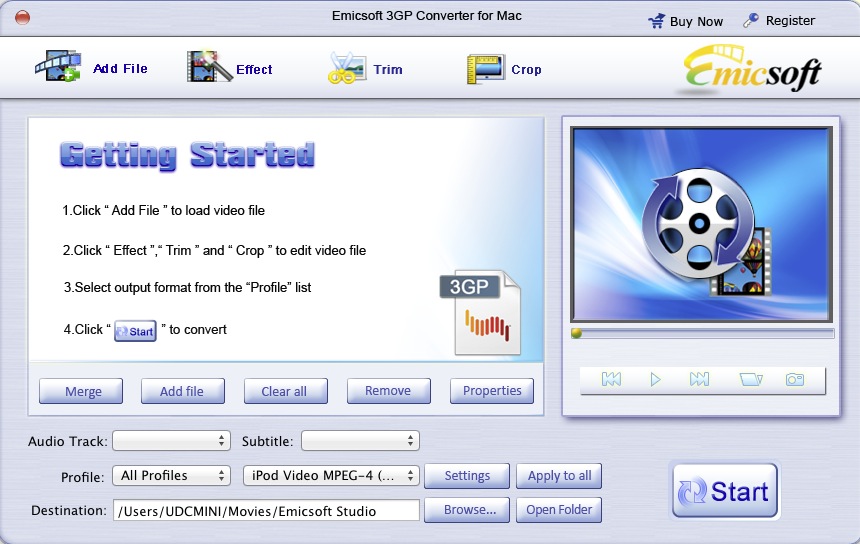 Emicsoft 3GP Converter for Mac 3.1 : Main window