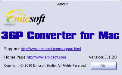 Emicsoft 3GP Converter for Mac 3.1 : About window