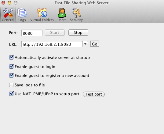 Fast File Sharing Web Server 1.2 : Main window