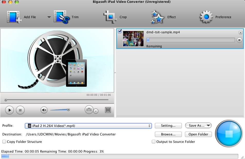 Bigasoft iPad Video Converter 3.6 : Main window