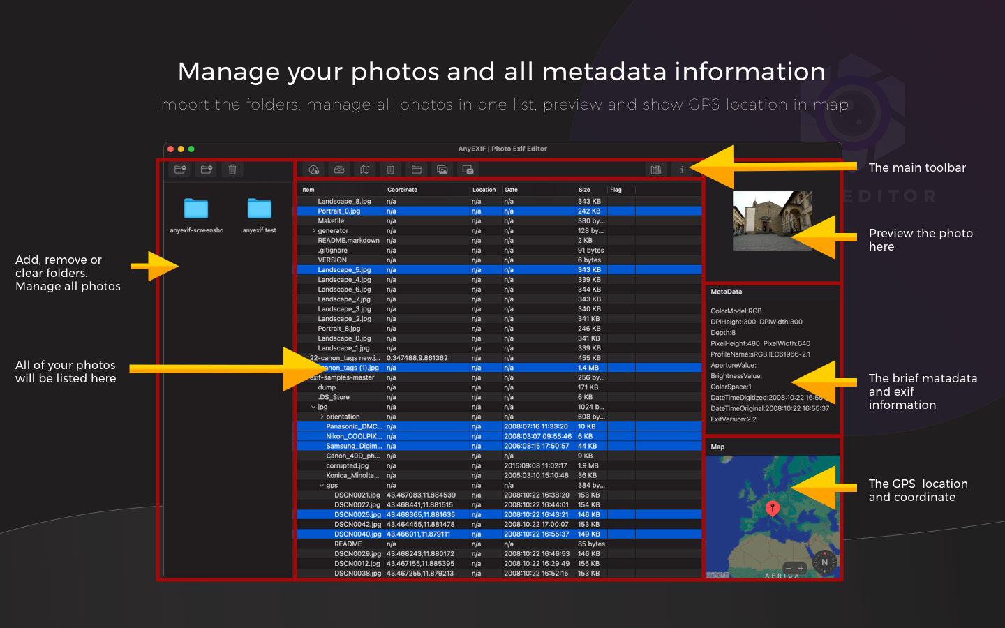 Exif Editor 1.2 : Manage your photos and all metadata information. Import the folders, manage all photos in one list, preview and show GPS location in map.
