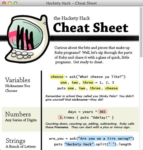 Hackety Hack : Cheat Sheet