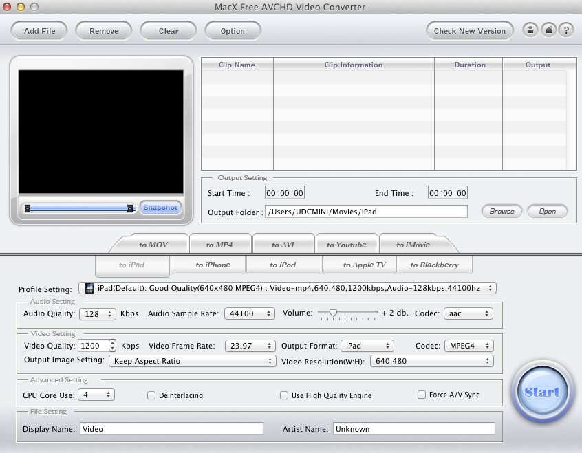 MacX Free AVCHD Video Converter 2.5 : Main window