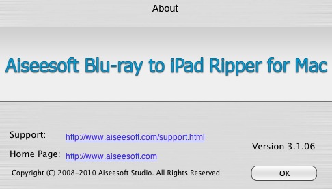 Aiseesoft Blu-ray to iPad Ripper for Mac 3.1 : About window