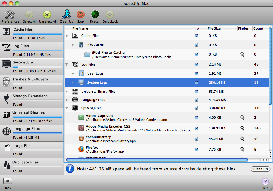 SpeedUpMac 2.0 : Clean up scanner results