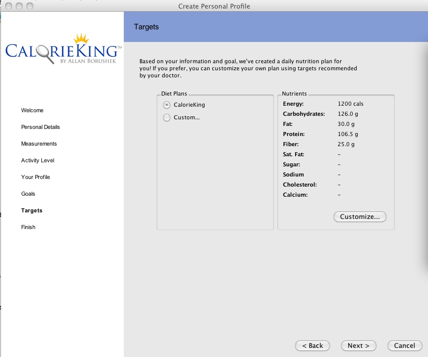 CalorieKing Nutrition and Exercise Manager 4.1 : Profile