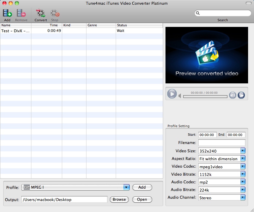 Tune4mac iTunes Video Converter Platinum 2.4 : Main Window