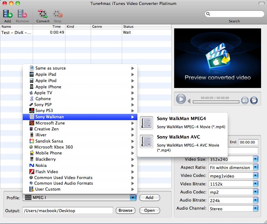 Tune4mac iTunes Video Converter Platinum 2.4 : Configuring Output Settings For Conversion
